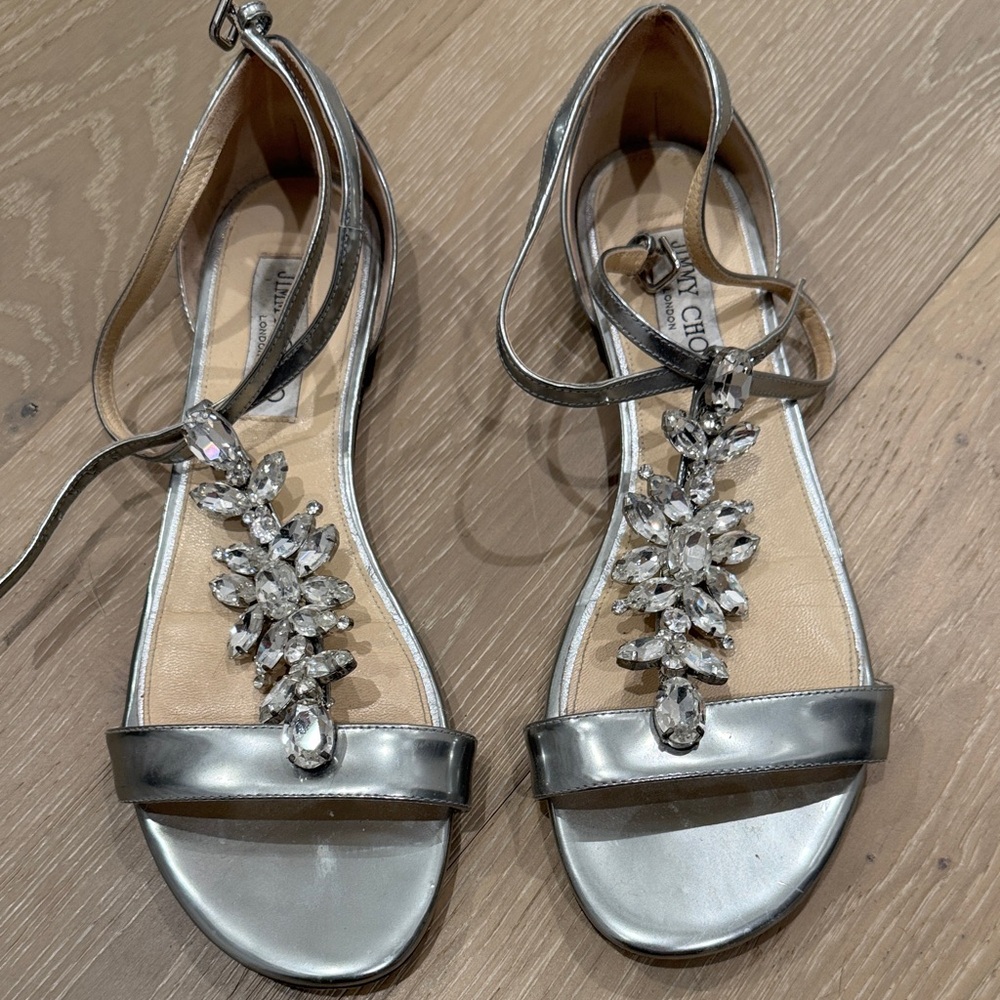 Jimmy Choo Silver Jeweled T-Strap Flat Sandals